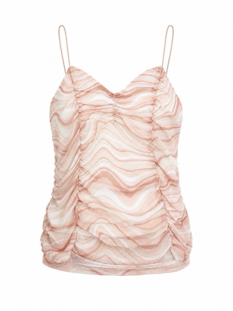 No Boundaries Junior's Mesh Ruch Tank Top Peach White Lined Size S (3-5)